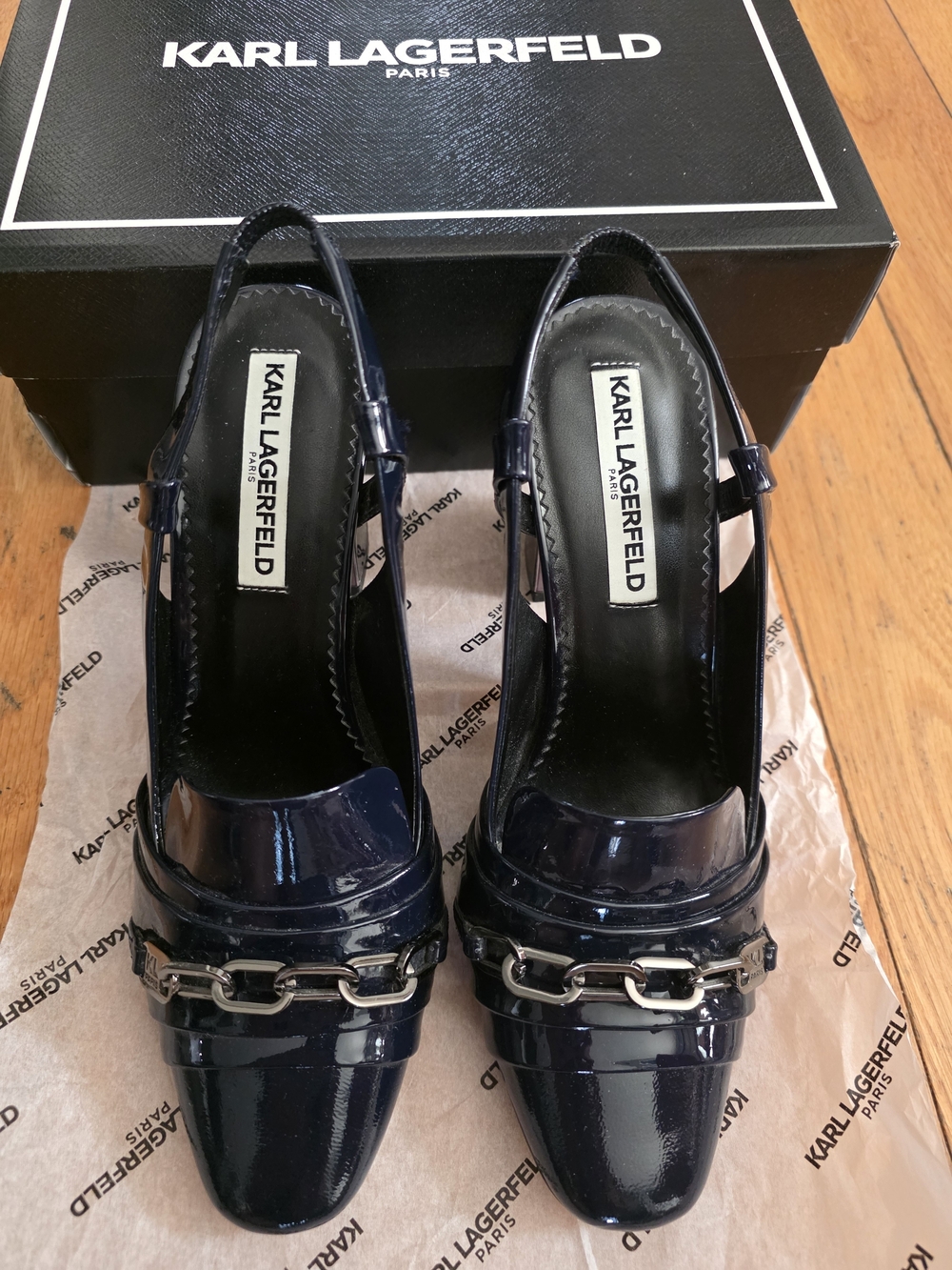 Karl Lagerfeld Navy Patent Slingback Loafers with Chain Accent ,newer worn